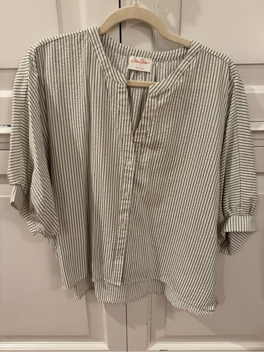 Striped Relaxed Button-Down Top in White and Green